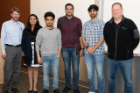 Alan Hunt, Demo Day host and CSE 611 instructor; Demo Day 2019 first place winners Pranjal Jain, Saurab Chauhan, Pranav Vij, and Nikhil Lala; and Sonny Sonnenstein, Demo Day sponsor and M&T Bank SVP & CIO, Consumer, Business, and Digital Banking