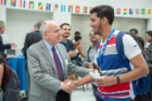 Vice Provost for International Education Stephen Dunnett welcomes a graduate student at the Welcome and Networking Reception.