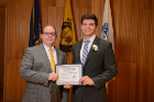 Howard Strauss scholarship winner Anton Buynovskiy, a senior majoring in mechanical and aerospace engineering and mathematics, with Stephen Cross, UBEAA board member and scholarship committee chair.