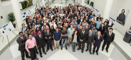 Over 70 students posed for a photo after presenting their research posters at the UB CBE annual graduate research symposium. 