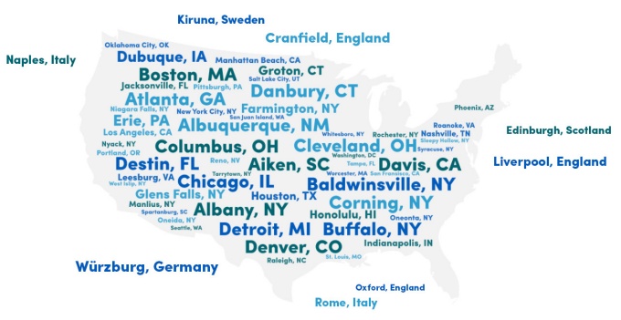 Word cloud with US cities in the shape of the US and international city names peppered around it. 