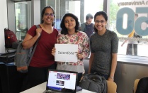 Zoom image: Members of the Scientista club at a student club fair. Scientista empowers pre-professional women STEM through content, communities, and conferences. 