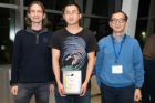 2018 CSE First Year Achiever Award winner Xiangyu Guo is flanked by CSE Graduate Director Dimitrios Koutsonikolas and CSE Department Chair Chunming Qiao. The First Year Achiever Award is a new award this year. Photo credit: Ken Smith