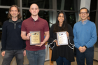 2018 CSE Graduate Teaching Award winners William Spoth and Archita Pathak are flanked by CSE Graduate Director Dimitrios Koutsonikolas and CSE Department Chair Chunming Qiao. Photo credit: Ken Smith