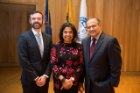 2017 Engineer of the Year Ashish Shah with his wife Dr. Usha Yalamanchili and Jordan Walbesser, Board member of the UB Engineering and Applied Sciences Alumni Board.