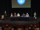 The “How UB Education Helped My Career” panel chairs (far left) Bob Girardi and (far right) Swapnil Khedekar along with the panelists (center from left to right) Norman Hayes, Roger Choplin, Bob DelZoppo, Anmol Bhasin, and Gary Masterson. 