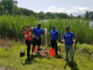 Edmaritz Hernandez-Pagan(L) (Chemistry, University of Puerto Rico), Ogechi Ogoke (CBE doctoral student), Paolo Bourdeau (CSEE ’20) and Dejoghn Llamas (BMS ’19) take a break from tree planting at Tifft Nature Preserve.
