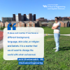 Javid Ghabarzadeh (student presenting as male) stands in front of several on-campus housing units with his arms folding looking triumphant next to a quote highlighting the commonality among engineering students. 