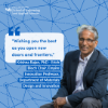 Krishna Rajan in front of a blue and white patterned background next to a quote wishing graduating students well. 