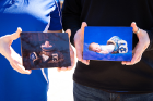The couple commissioned baby portraits of their two sons posed with Mary’s grandfather’s UB football helmet, "freshman beanie" and block letter. Photo: Meredith Forrest Kulwicki, baby portrait on left courtesy of Gypsy’s Corner Photography