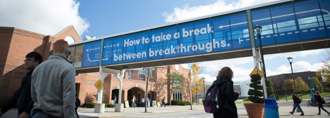 Photo of students outside the Student Union on the North Campus. 