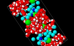 molecular simulation showing different elements denoted by different colors in a molecule. 