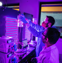 Red and blue lights fill the lab as Associate Professor Ian Bradley and a graduate student analyze algae samples. 