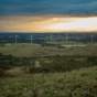 Windmills in rural Costa Rica. Lush fields with a dusky sky in the background. 