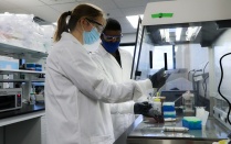 female and male graduate students work together in lab. 