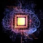 Graphic of computer chip over a brain. 