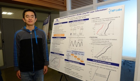 Zoom image: Li Sun presents &quot;Bringing Mobility-Awareness in WLANs using PHY Layer Information&quot;, at the CSE Grad Student Poster Session. Li's PhD advisor is Dimitrios Koutsonikolas. Photo credit: Ken Smith 