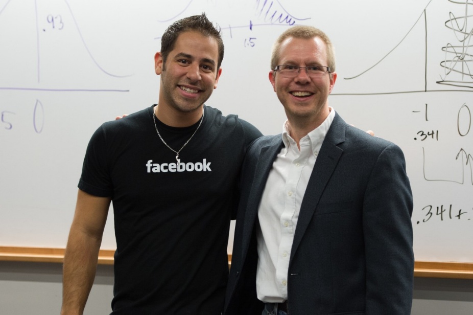 Zoom image: CSE Tech Talks, such as this visit by Facebook, are great opportunities to meet potential internship sponsors in person.  Pictured are: Facebook Software Engineer Tom Occhino (CEN BS '07) and CSE Undergraduate Co-Director Carl Alphonce 