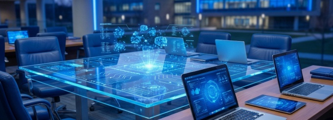 Laptops and tablets show blue generative AI imagery in a futuristic conference room. 