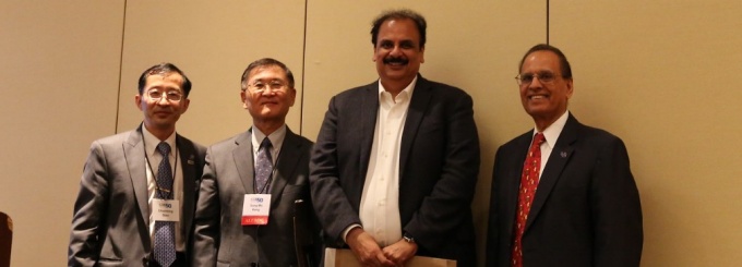 Zoom image: CSE Department Chair Chunming Qiao, Sung-Mo (Steve) Kang (MS '72), Victor Bahl (BS/MS '88), and UB President Satish Tripathi at the CSE 50th Anniversary Celebration at the Buffalo Marriott Niagara in 2017 