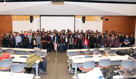 Zoom image: Fall 2019 Demo Day participants gather in Davis 101, Friday, December 6, 2019. Photo credit: Ken Smith 