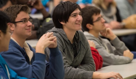 Zoom image: Students get inspired at the UB Hacking 2015 event opener, November 14, 2015. Photo credit: Ken Smith 