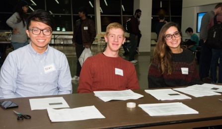 CSEdWeek '15 welcome committee: Brian Francis De Guzman (CS BS '18), Elliott King (CS BS '17), and Valencia Kaplinksy (CS BS '18). Photo credit: Ken Smith.
