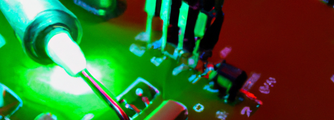 a device lights up while it pokes what looks like a computer circuit board. 