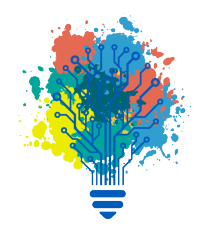 A circuit in the shape of a lightbulb and color splashes representing diversity in thought. 