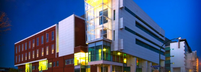 An image of the New York State Center of Excellence in Bioinformatics Life Sciences on UB's downtown campus. 