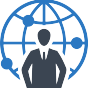 Icon of person standing infront of a wired globe. 