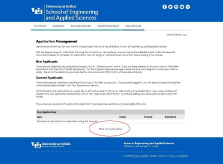 Zoom image: Screen shot of Application Management page with &quot;Start New Application&quot; circled in red at the bottom of the page. 