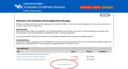 Zoom image: Screen shot of Application Management page with "Start New Application" circled in red at the bottom of the page. 