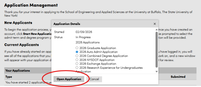 Zoom image: Screen shot of Application Management page with "Start New Application" circled in red at the bottom of the page. 