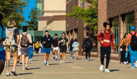 Students walking around North Campus. 