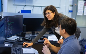 A team in mechanical engineering recently received an NSF Grant for their project involving on a human-robot collaboration for the disassembly of electronic waste such as hard disk drives. The team is lead by Minghui Zheng, Sara Behdad and Xiao Liang, and includes a number of students. They were photographed in November 2019 in Jarvis Hall.\r\rPhotographer: Douglas Levere. 