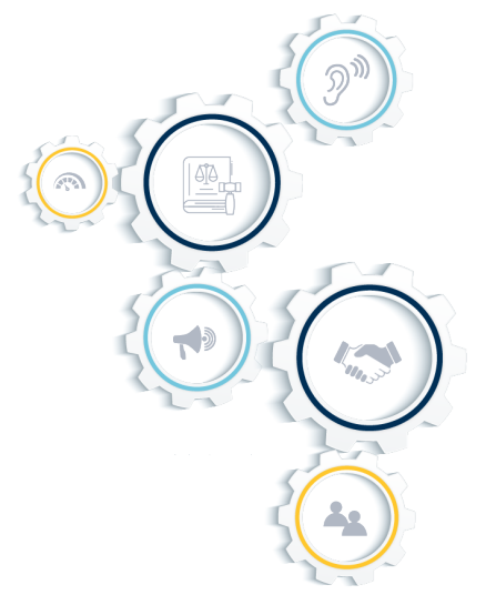 Gears with icons that represent the ways in which SEAS is engineering justice across the curriculum. 