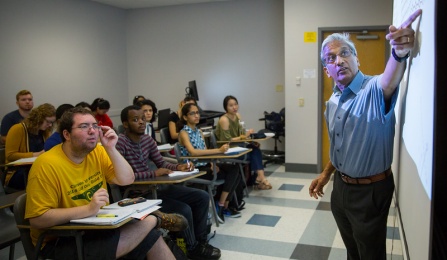 Krishna Rajan, a professor in the new Dept. of Materials, Design and Innovation, teaching in Talbert Hall. 