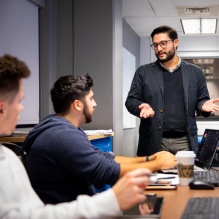 Professor Austin Angulo, a recent hire with the School of Engineering and Applies Sciences, teaches the geometry of highways in Ketter Hall in October 2022. Photographer: Meredith Forrest Kulwicki.