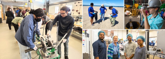 Collage of 4 images showing various students working on projects outside of the classroom in the local community. 