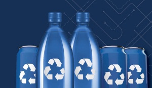 Blue bottles and cans with the white recycling symbol. 