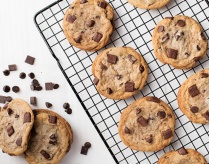Chocolate chip cookies on a baking tray. 