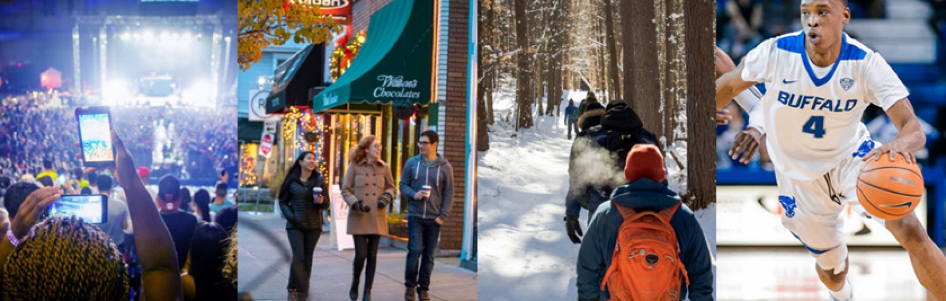 Four pictures showing life in Buffalo, including somebody at a concert taking a photo with their smartphone, three young adults walking down the Elmwood Village shopping district, a group of young adults hiking through a wintery woods, and a University at Buffalo male basketball player driving with the ball. 