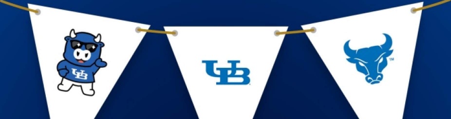Garland with flags showing a UB Bull, the university logo and spirit mark. 