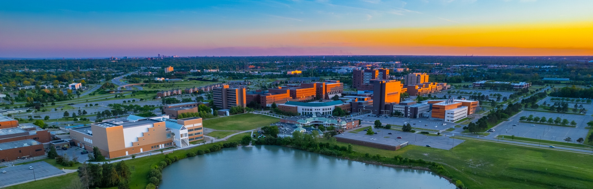 Aerial view of UB's North Campus at sunset. 
