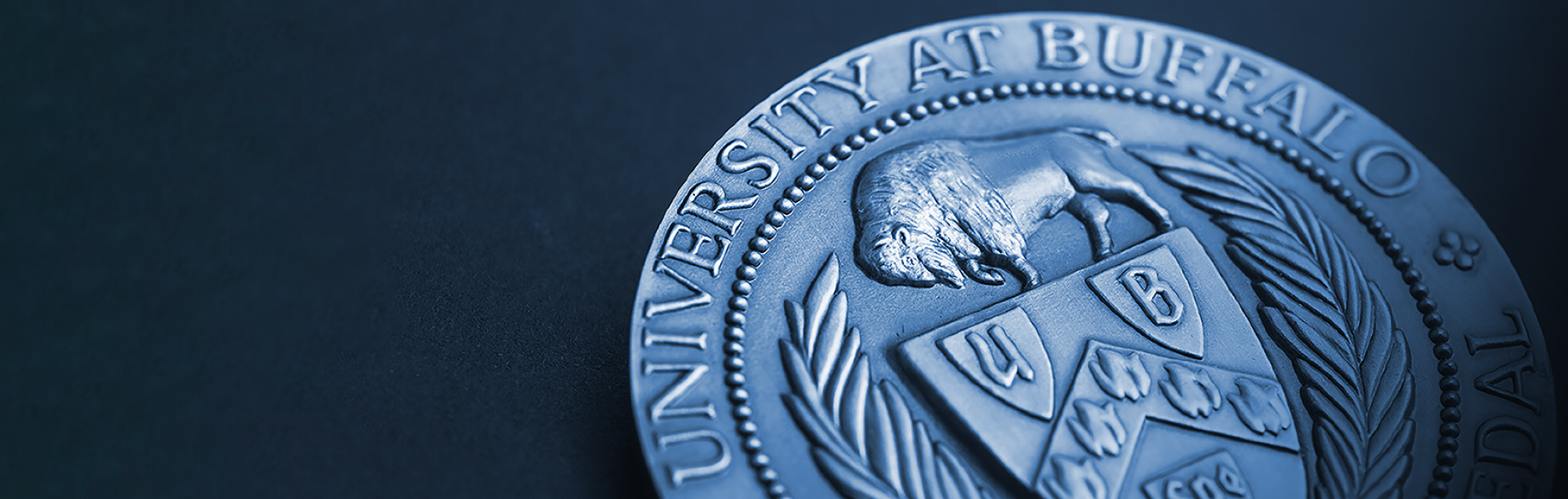 Close-up of University at Buffalo medal. 