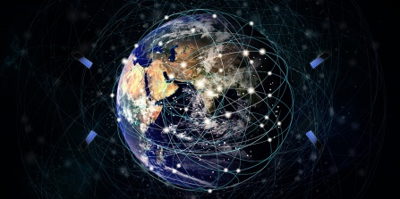 Satellites and objects orbiting earth with a network overlay. 