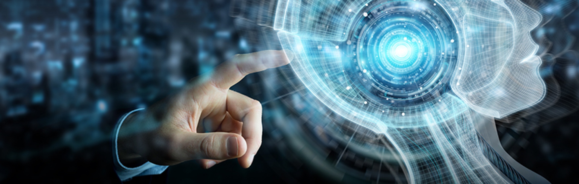 human finger pointing inside the head of a robot depicting machine learning. 