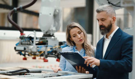 Two people reviewing a document in a lab. 