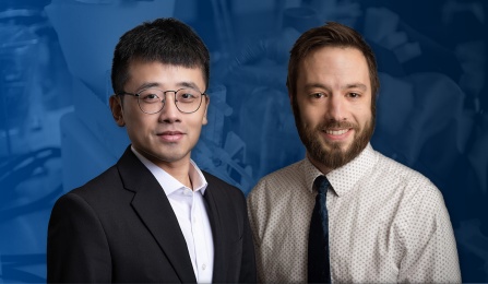 Kaiyi Ji (left) and Ian Bradley (right) pose against a dark blue background with faint images of lab equipment. The man on the left wears a black suit, white shirt, and round glasses, while the man on the right wears a white shirt with a small pattern and a dark tie, smiling with a trimmed beard. The image appears to be a composite portrait used for professional or academic promotion. 